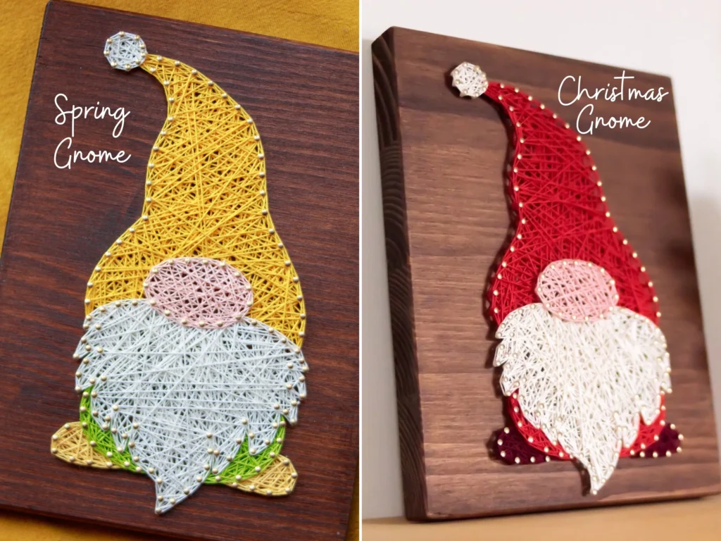 Two gnome string art signs on wooden boards.