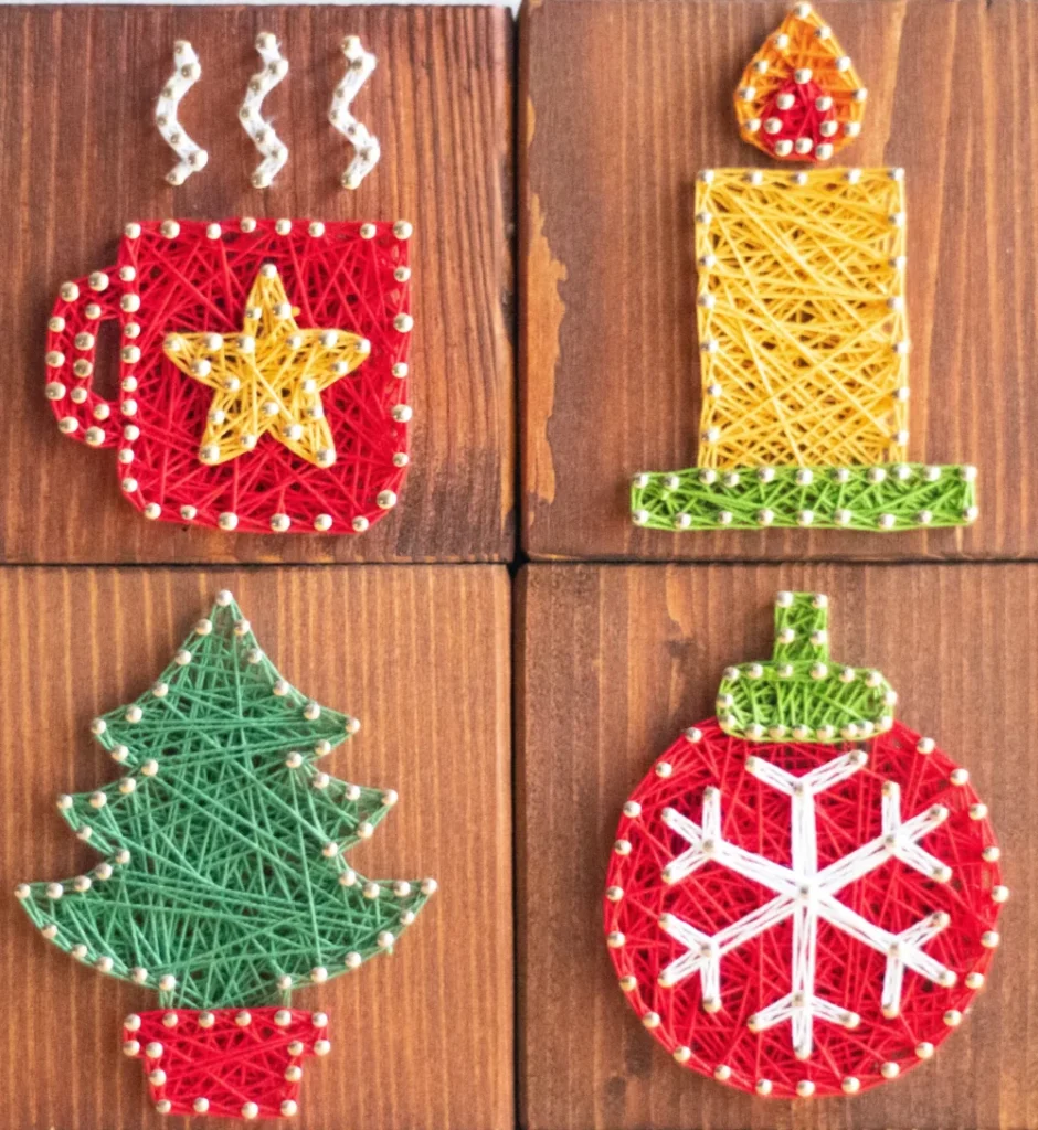 4 small string art signs - a cup, candle, tree in a pot., christmas ornament